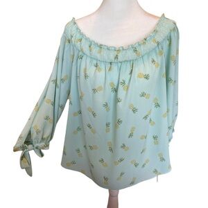Lily White turquoise pineapple off the shoulder blouse with tie details XL